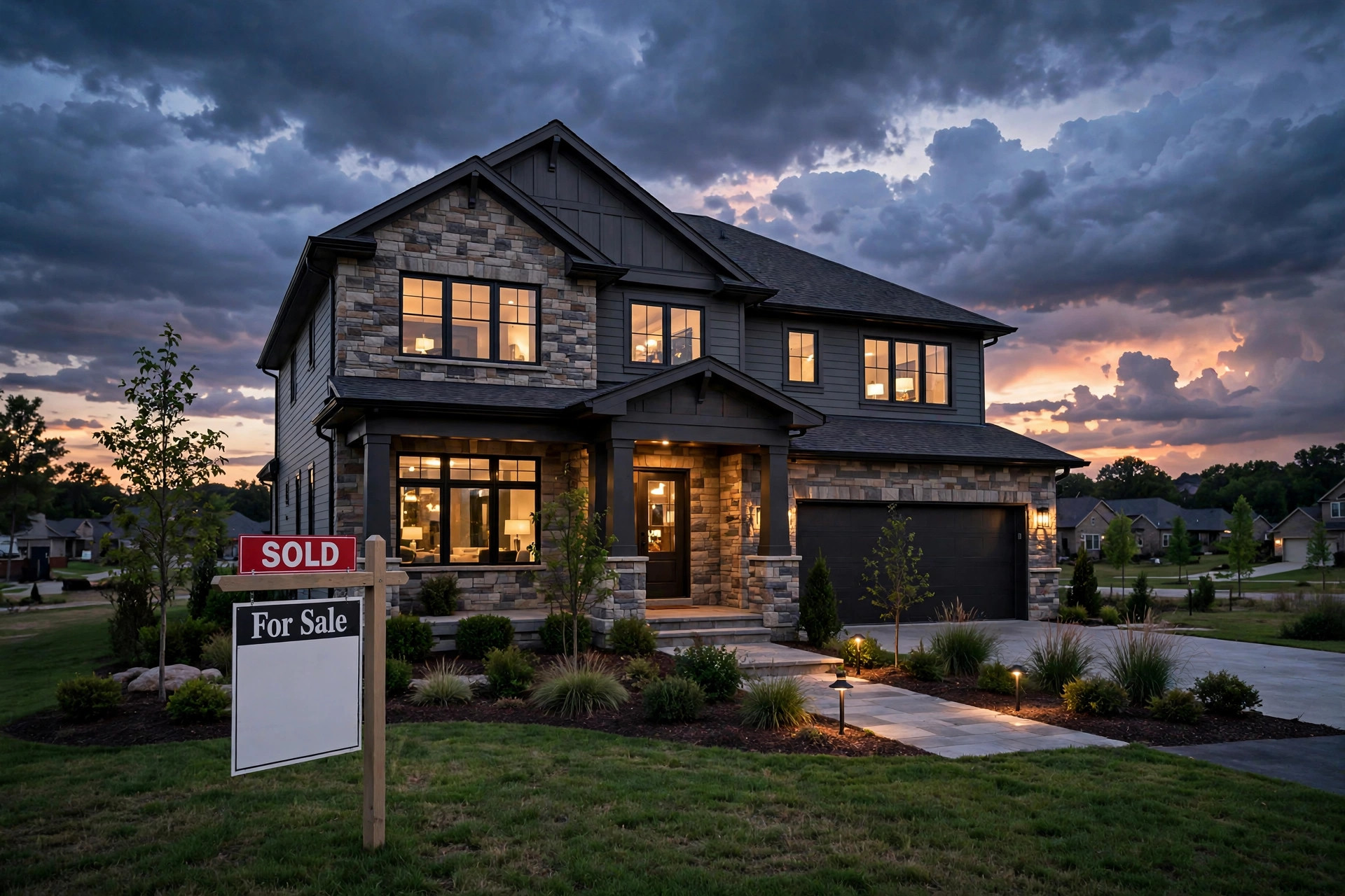 Beautiful home at dusk with a sold sign
