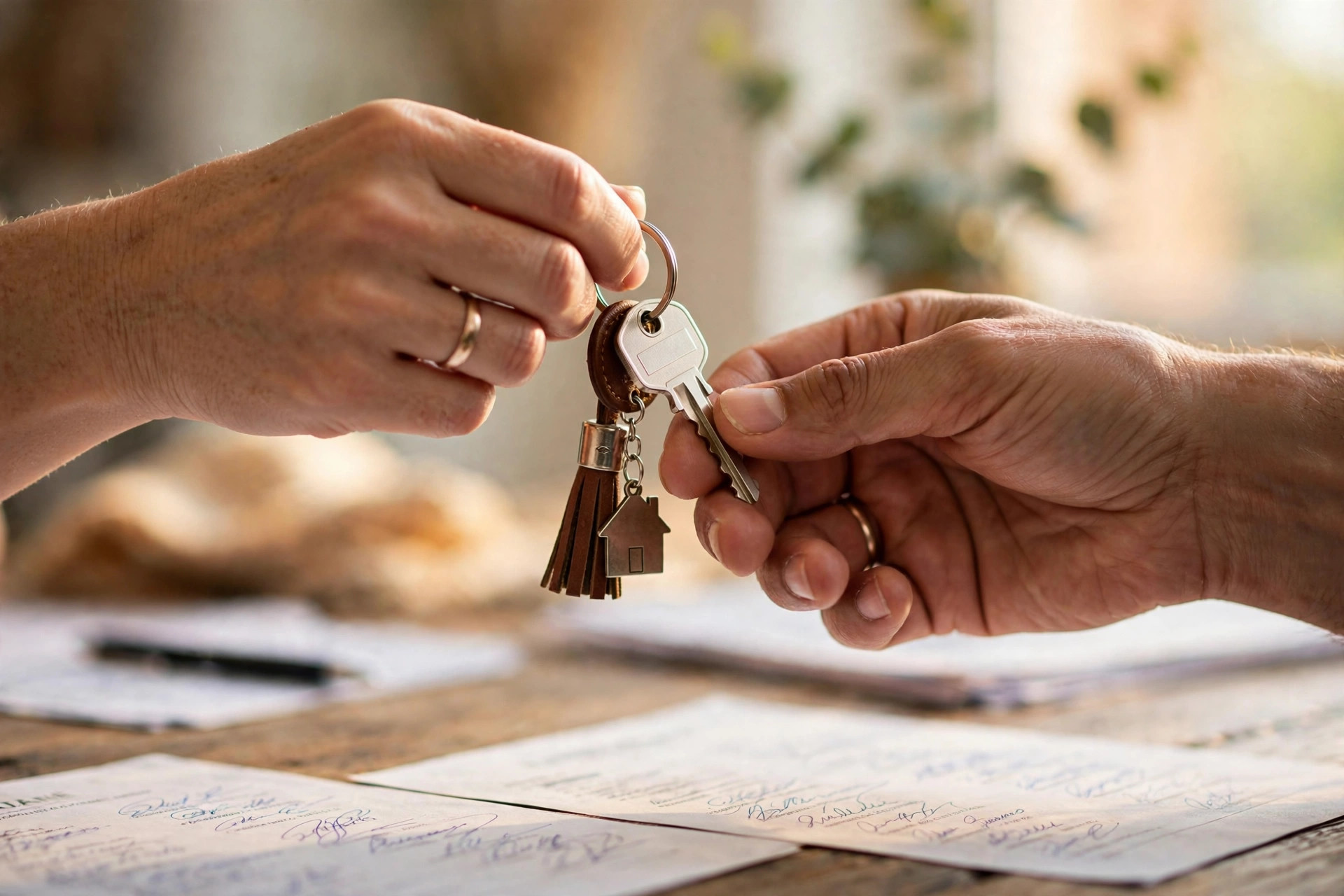 Hands exchanging house keys at a closing table