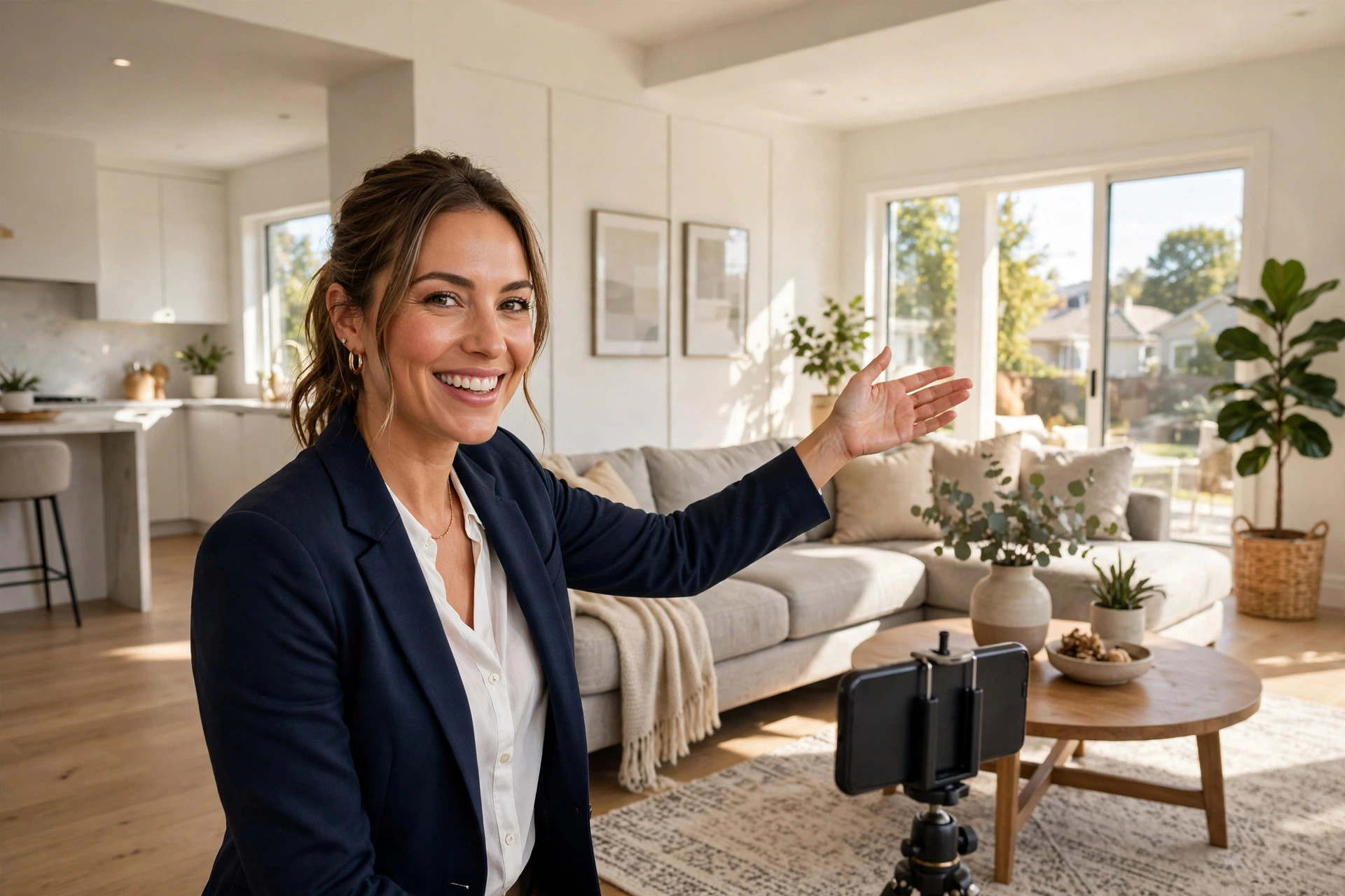 Realtor filming a listing video in a bright living room
