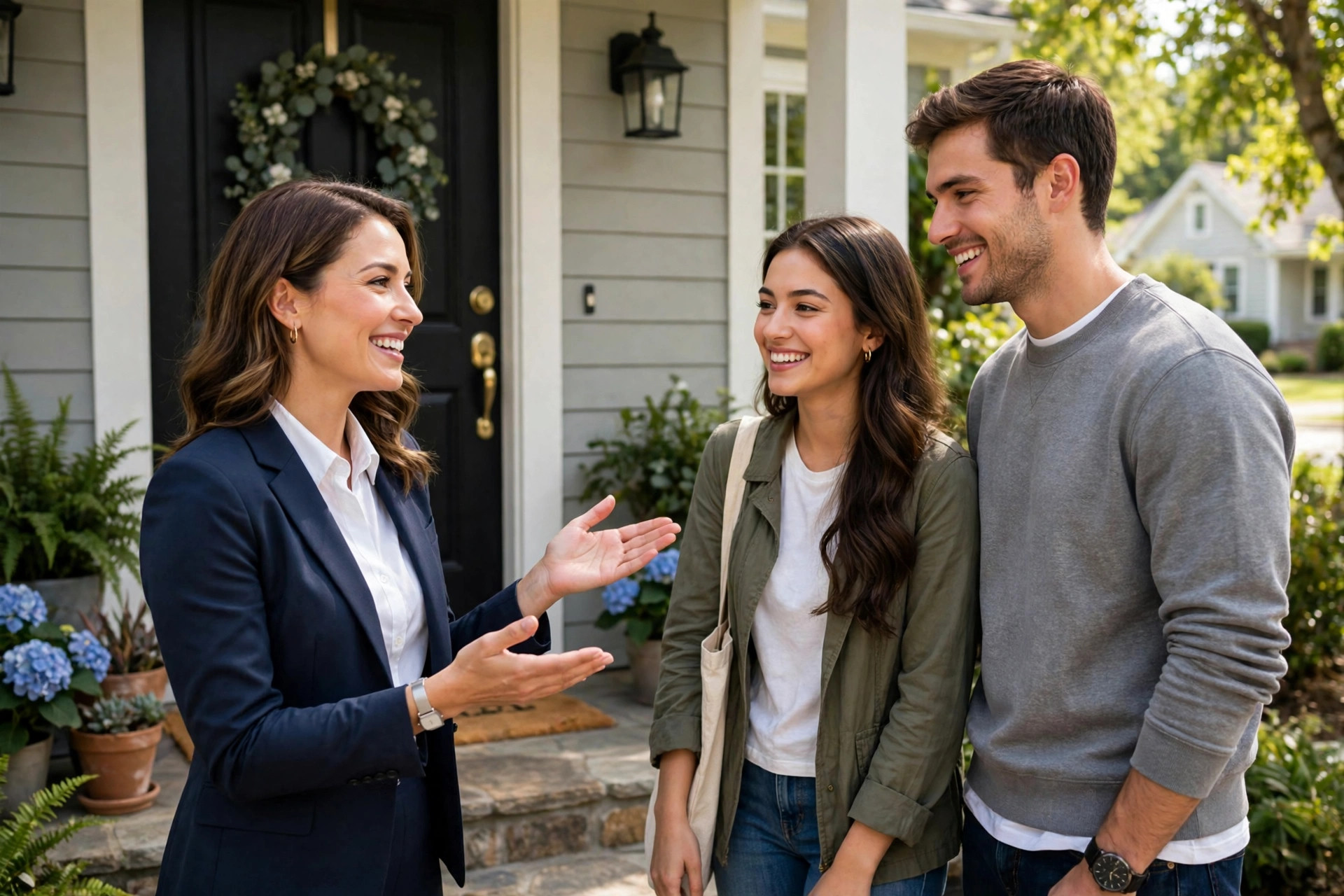 Realtor greeting a couple at an open house
