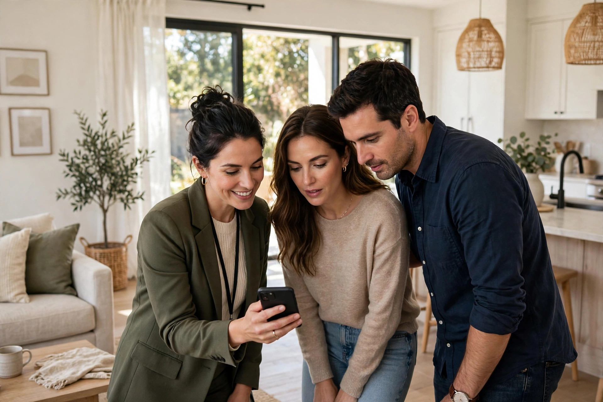 Agent showing a phone to homebuyers