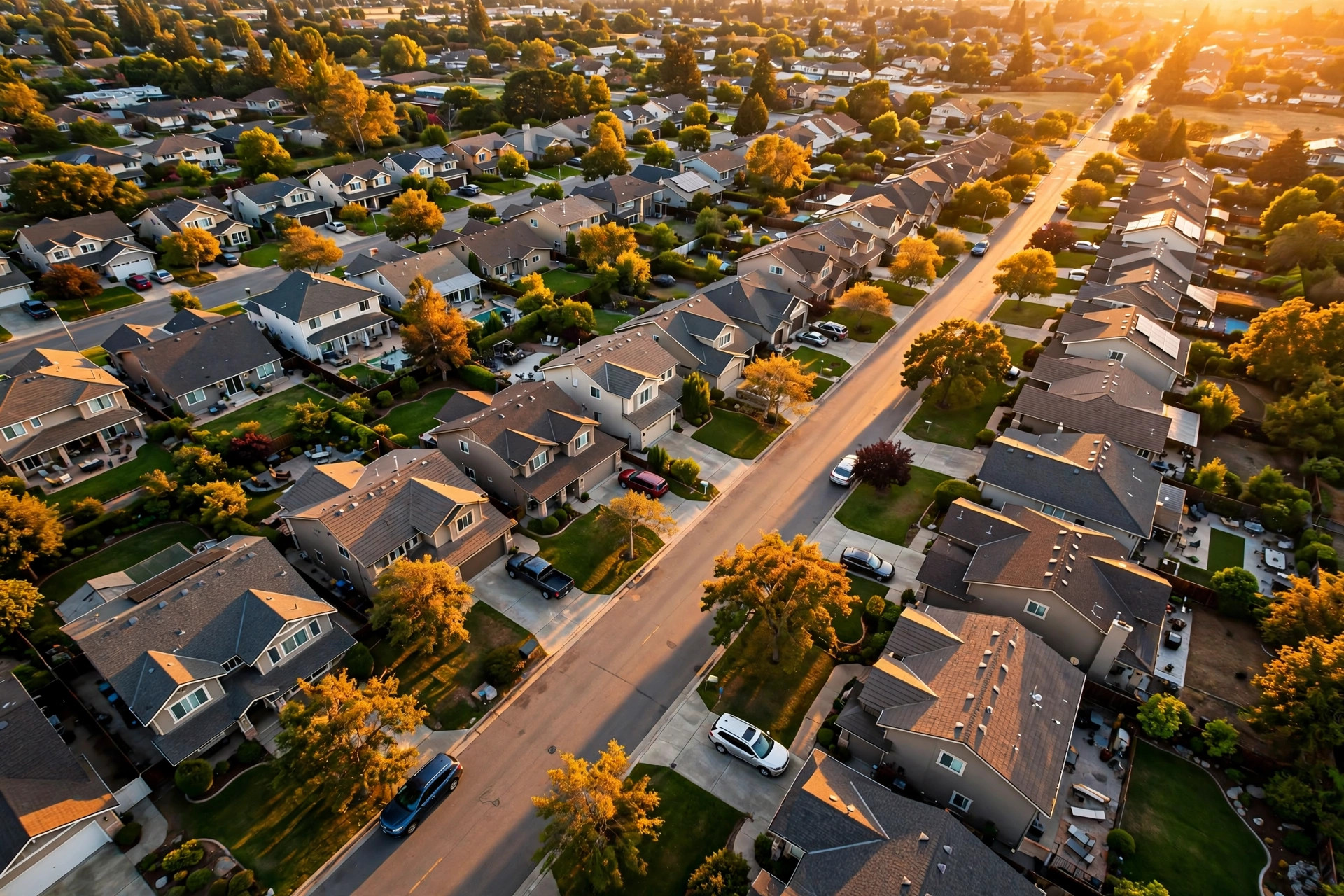 Suburban street at golden hour